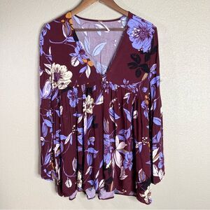 Free People Bella Maroon Purple Floral Tunic Small Bell Sleeve Wine Oversized